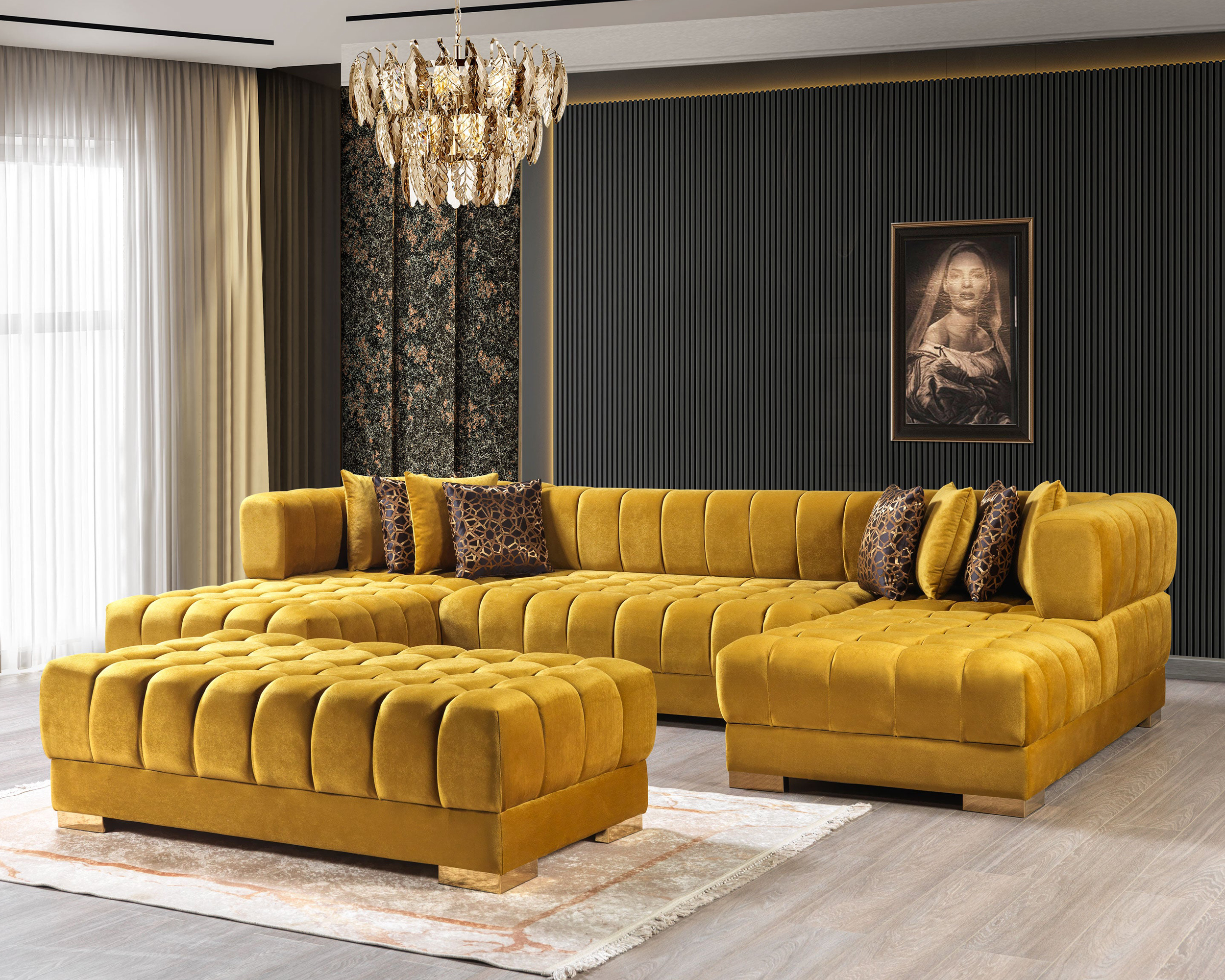 Nova Ariana Velvet Double Chaise Sectional - Mustard
