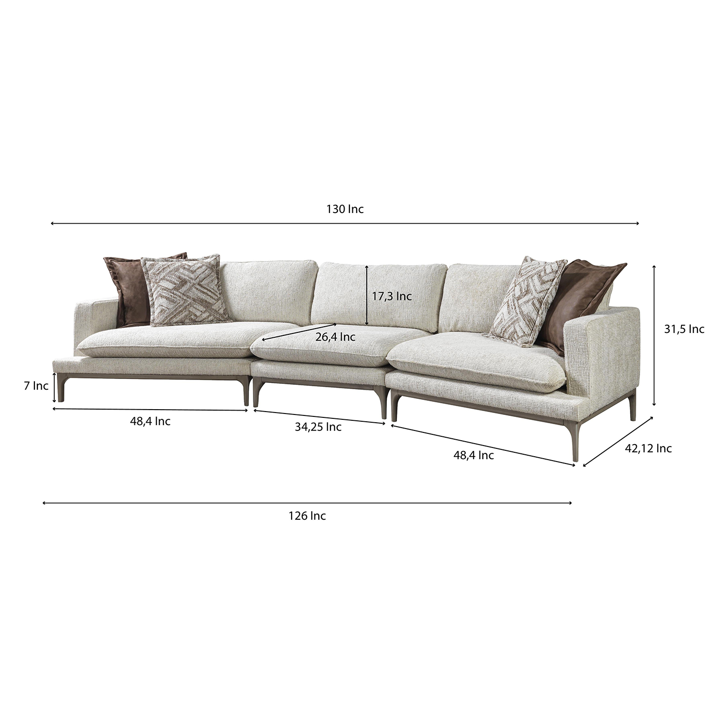 Nova - Dylan Ivory Linen 3-Piece Curved 126" Sectional with Ottoman