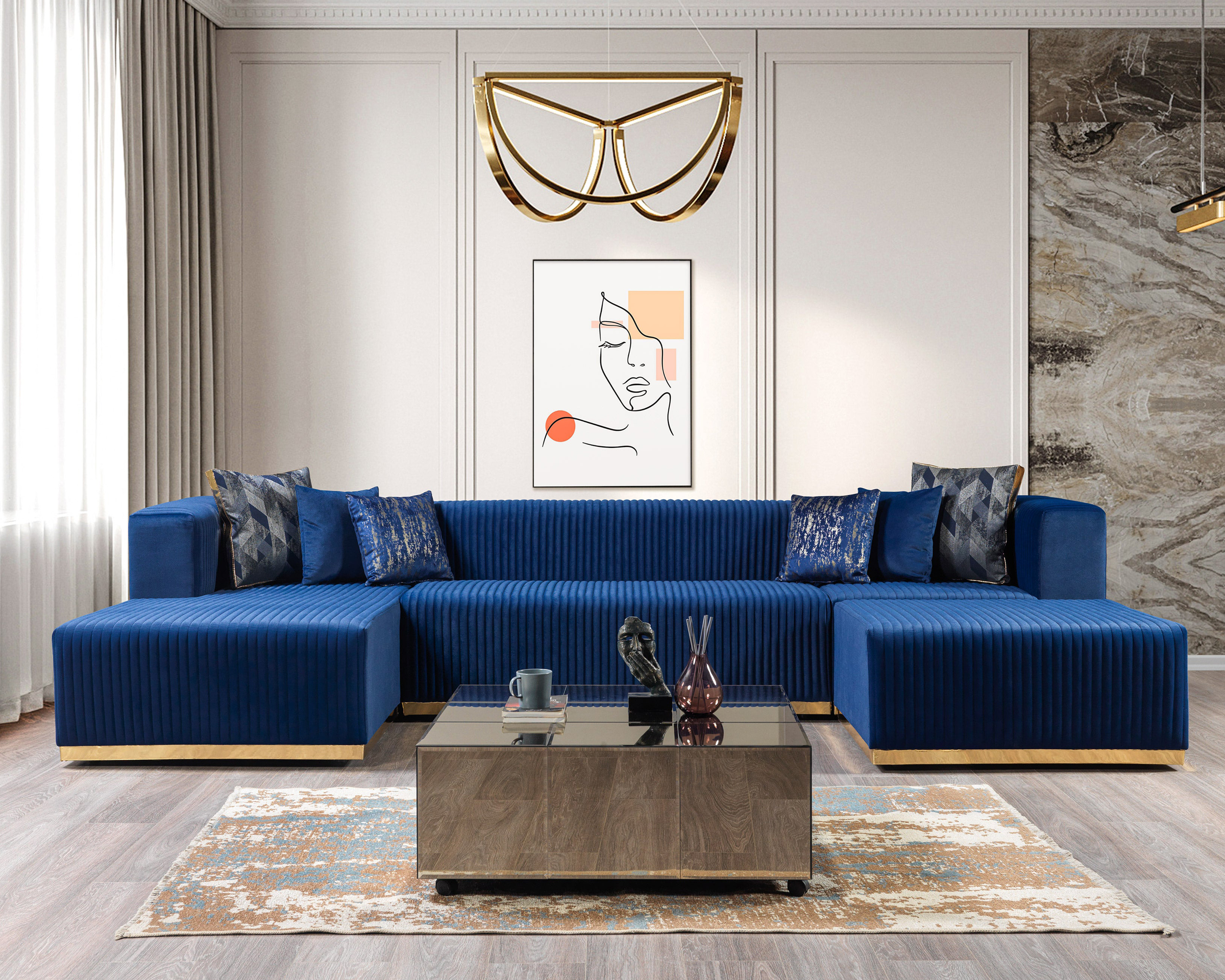 Nova Juliana Velvet 4-Piece Sectional - Blue