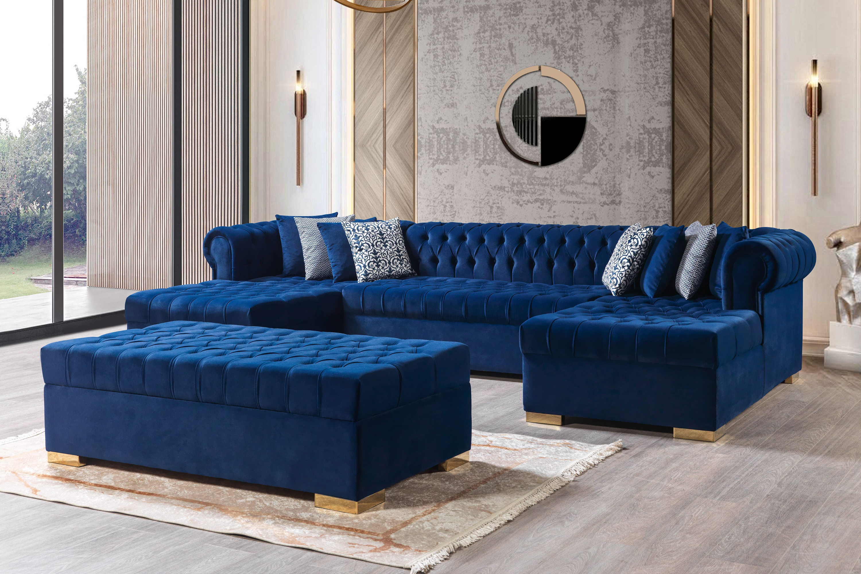 Nova - Lauren Navy Velvet Double Chaise 136" Sectional
