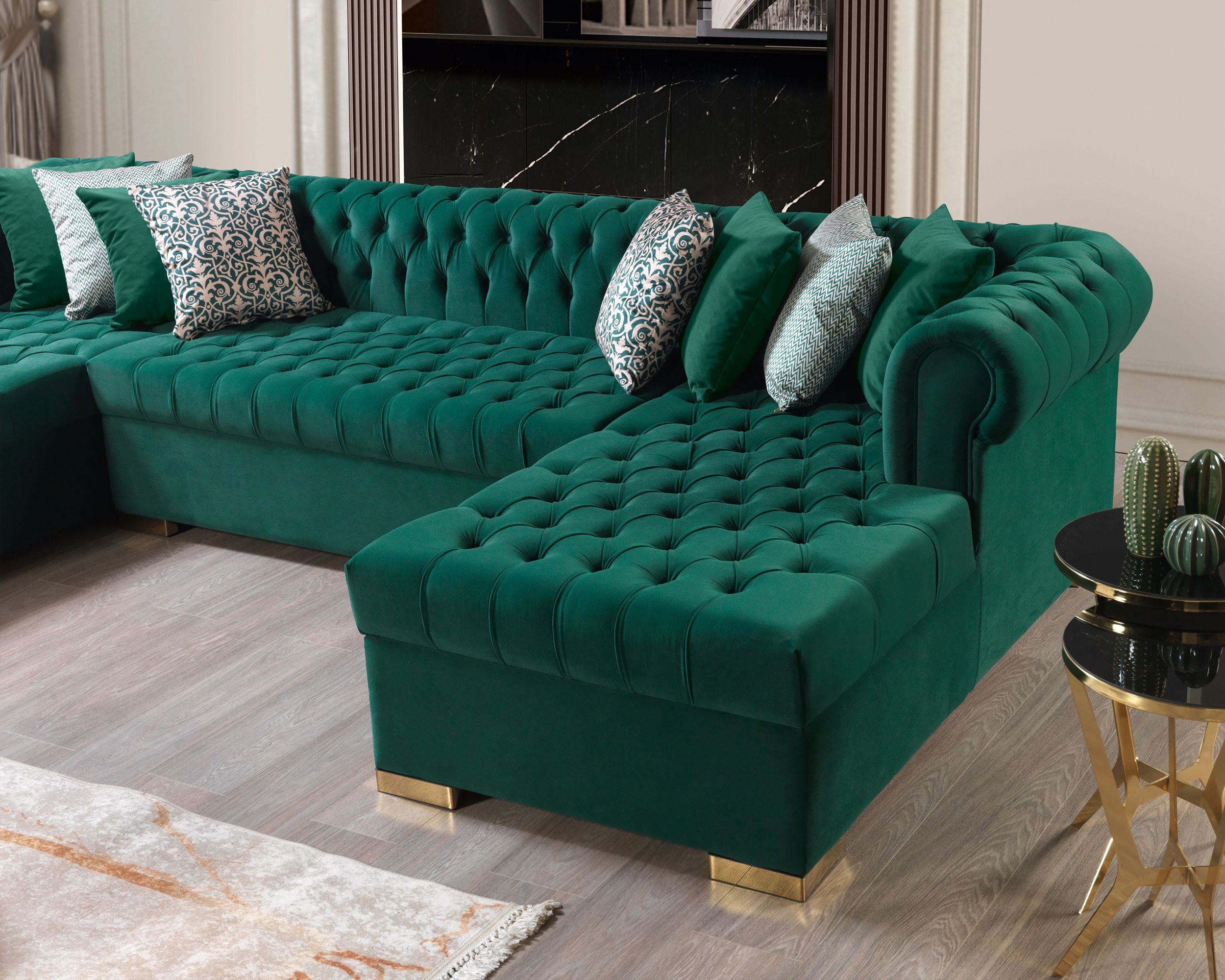 Nova Lauren Velvet Double Chaise Sectional - Green