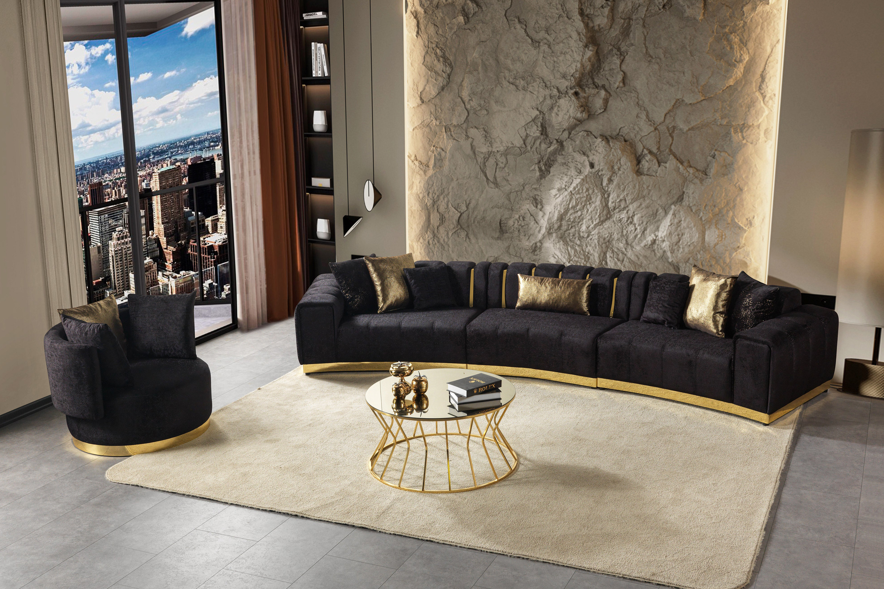 Nova Michelle Black Velvet 3-Piece Curved 165" Sectional