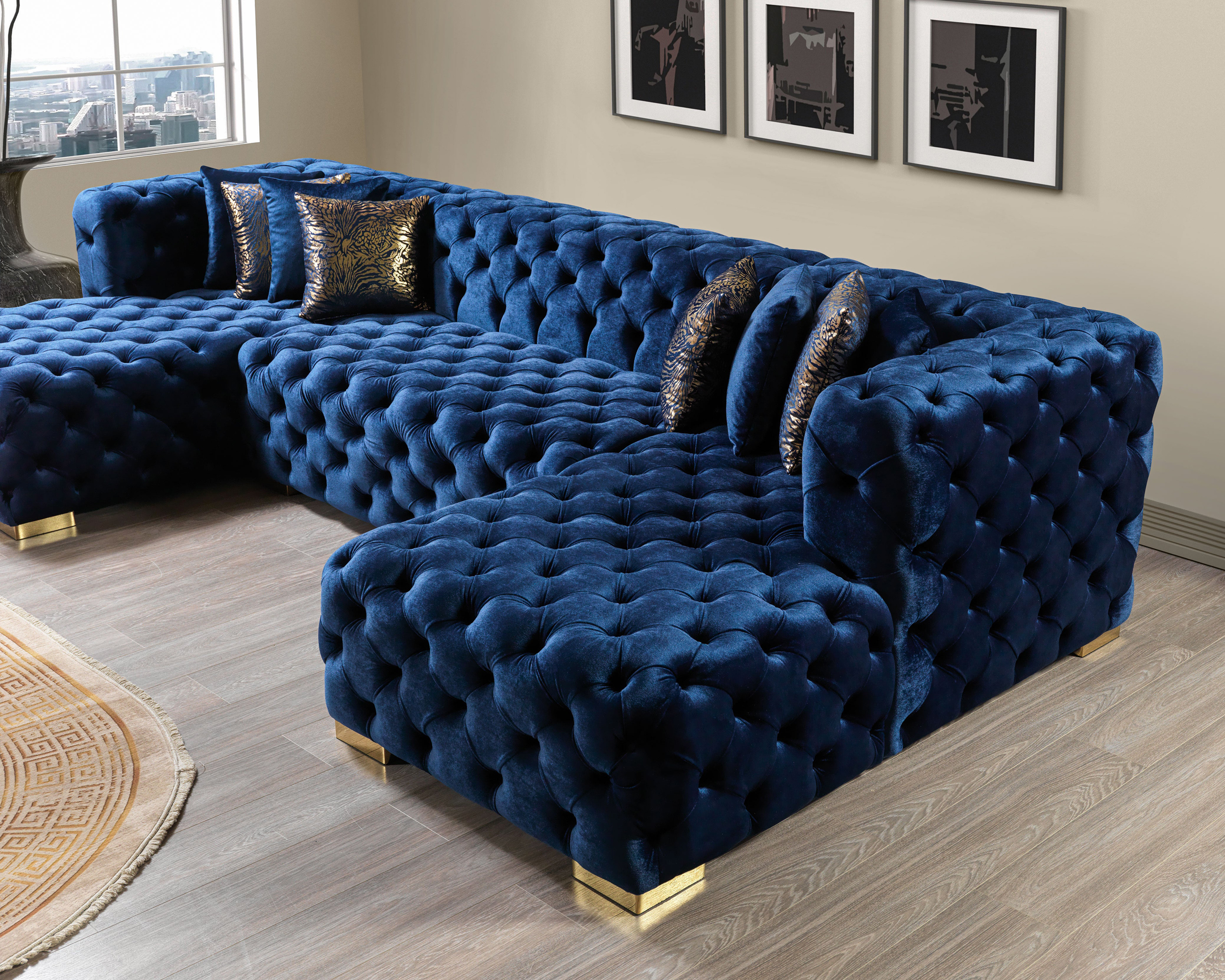 Nova Neva Blue Velvet Double Chaise 138" Sectional