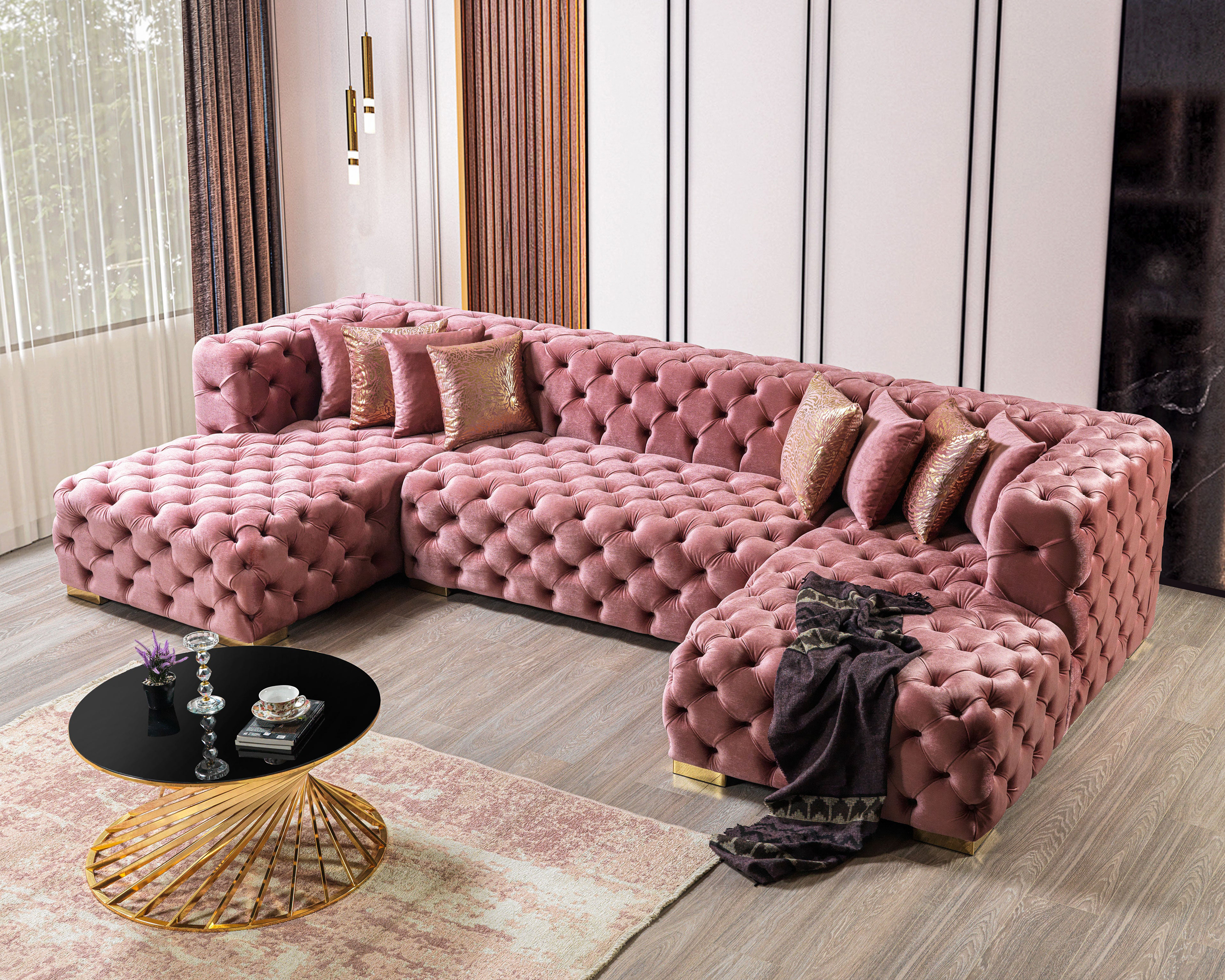 Nova Neva Pink Velvet Double Chaise 138" Sectional