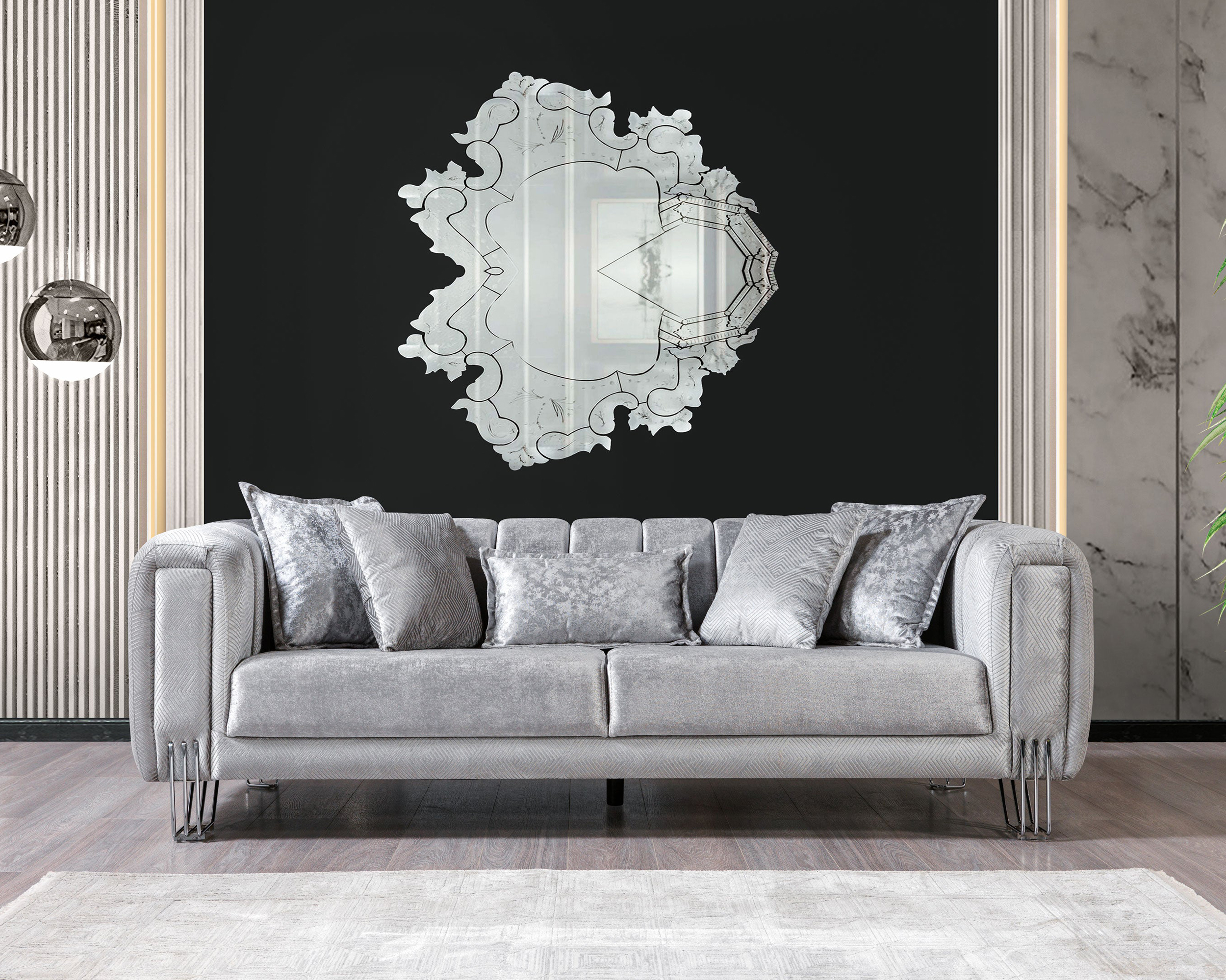 Nova Santana Velvet Sofa & Loveseat - Silver