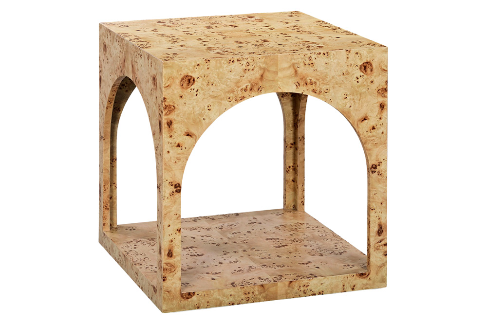 Oliver - Arch Side Table in Clear/Mappa Burl Veneer