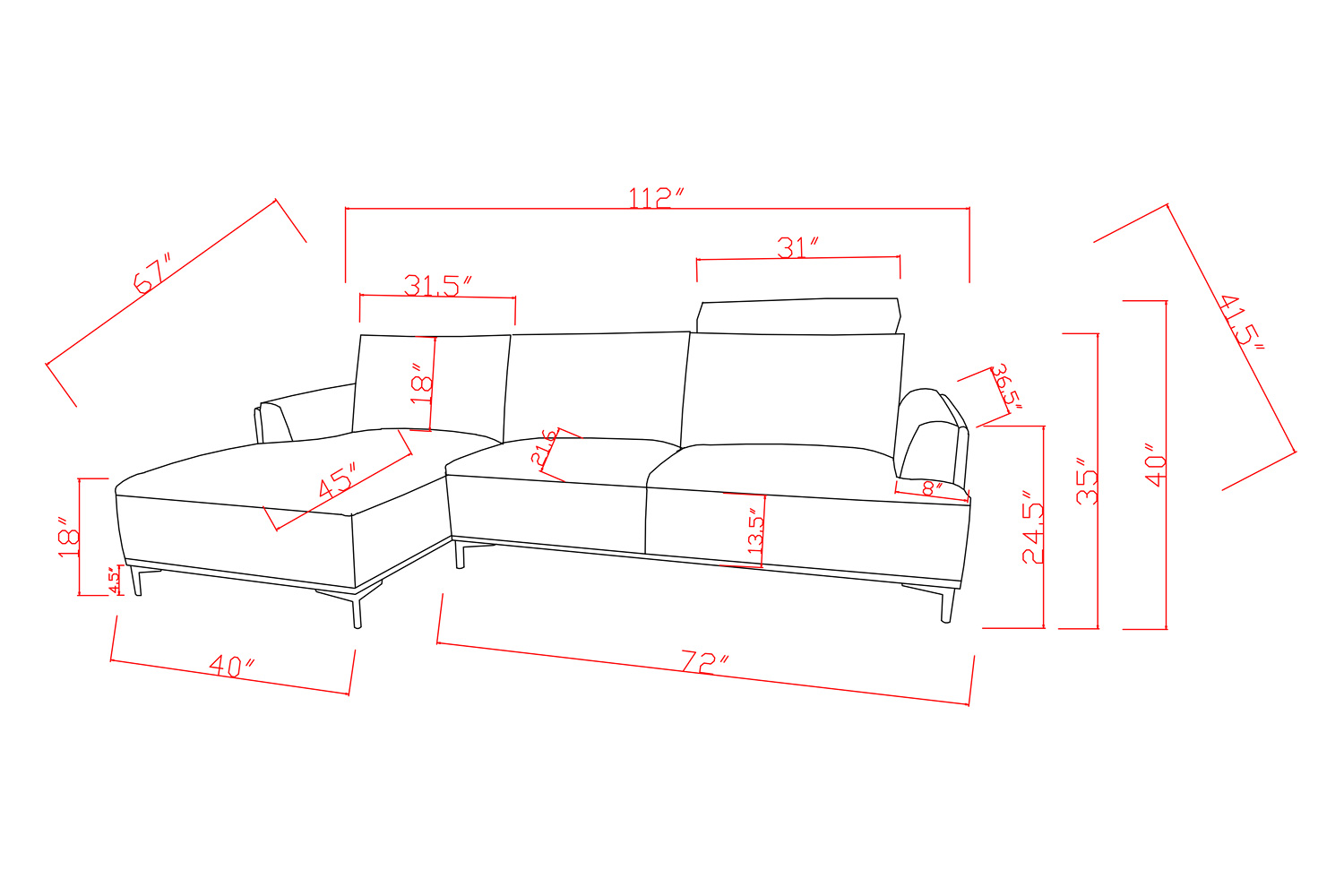 Pasargad Modern Lucca Sectional Sofa with Push Back Functional, Right Facing Chaise Beige Color