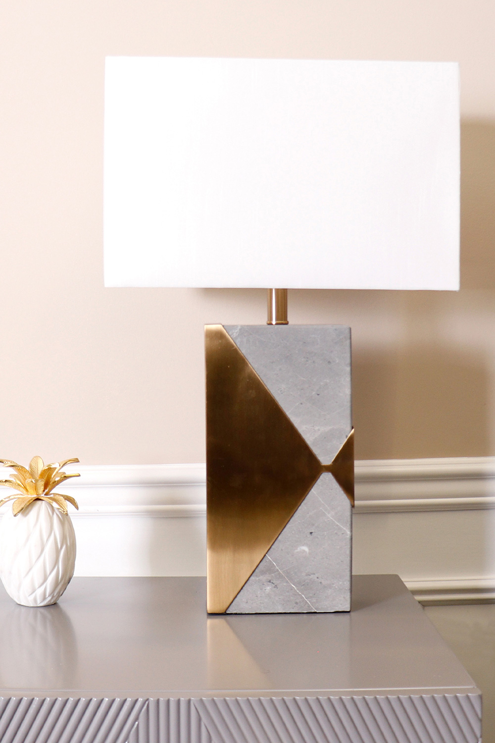 Pasargad - Triumph Collection Gray Marble and Gold Metal Modern Table Lamp with E27 Bulb and White Shade