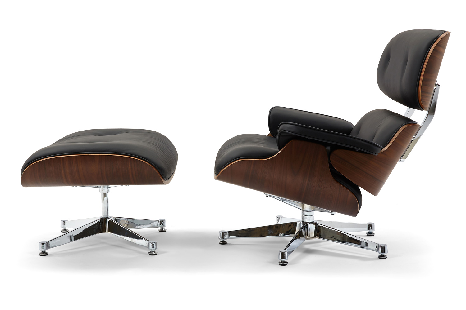 Pasargad Portfino Leather Lounge Chair with Ottoman - Black
