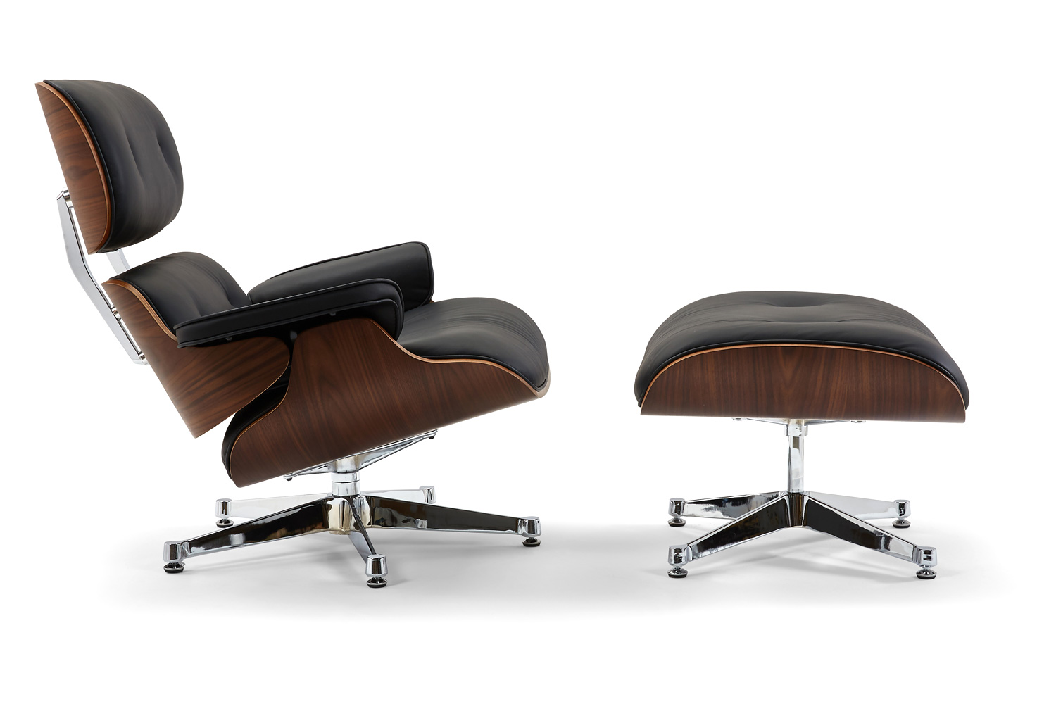 Pasargad Portfino Leather Lounge Chair with Ottoman - Black
