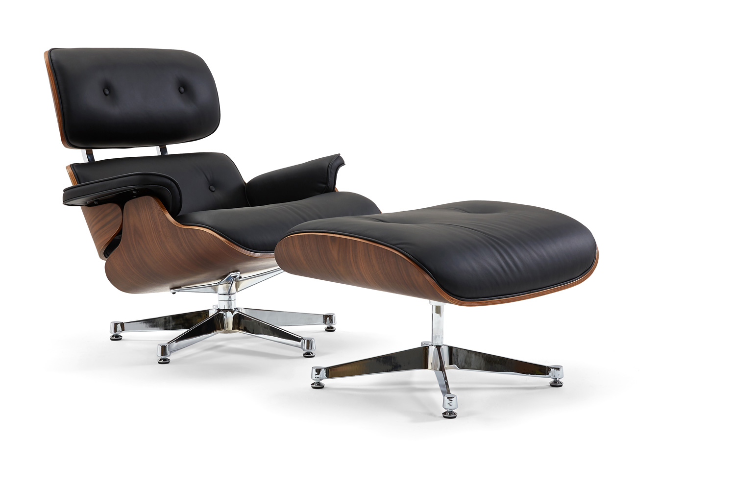 Pasargad Portfino Leather Lounge Chair with Ottoman - Black