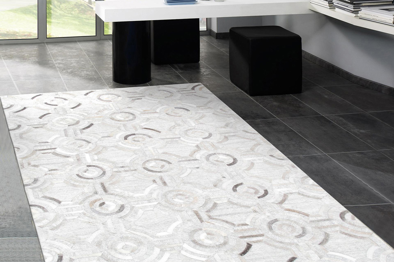 Pasargad Geometric Ivory Cowhide Rug (PTX-3137 6X9) - 72'' x 108''