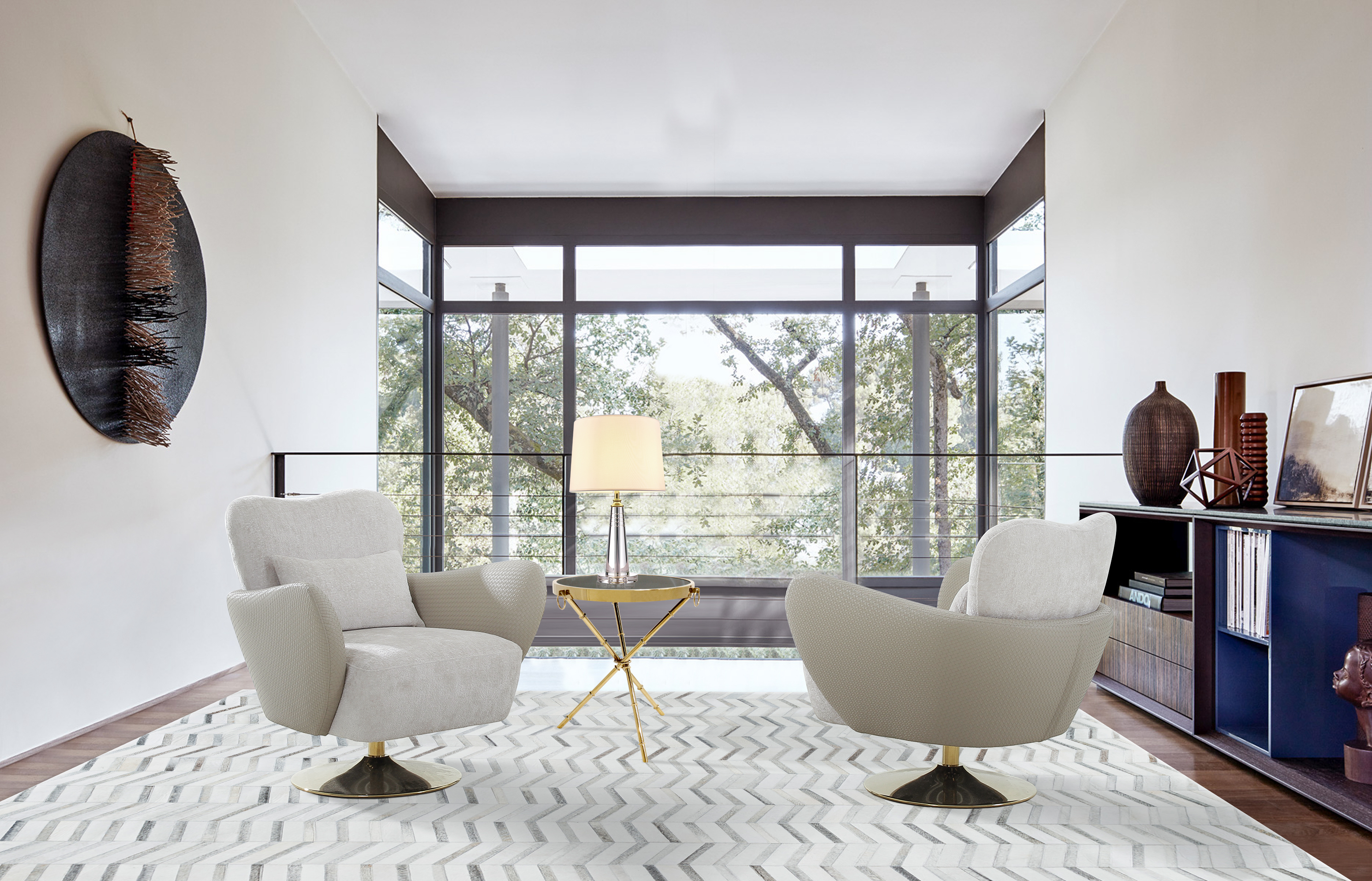 Pasargad - Mercer Swivel Base Lounge Chair in Beige/Gold, Poly Fabric