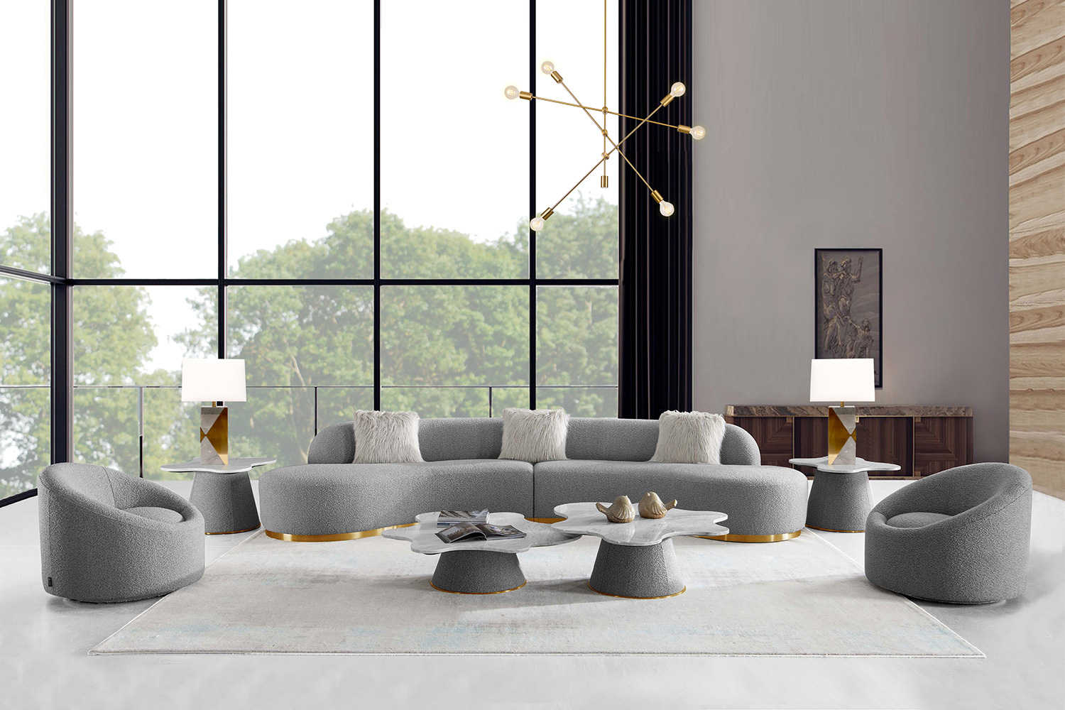 Pasargad Simona Collection Modern Curved Sofa with 3 Pillow - W150.4 xD60.6 xH29