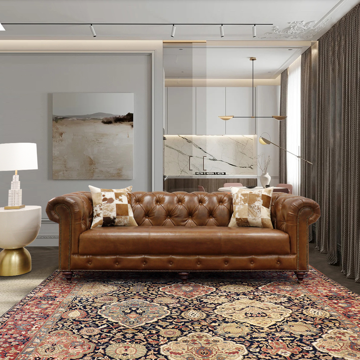 Pasargad - Chester Bay Tufted Chesterfield Sofa in Brown, Genuine Leather