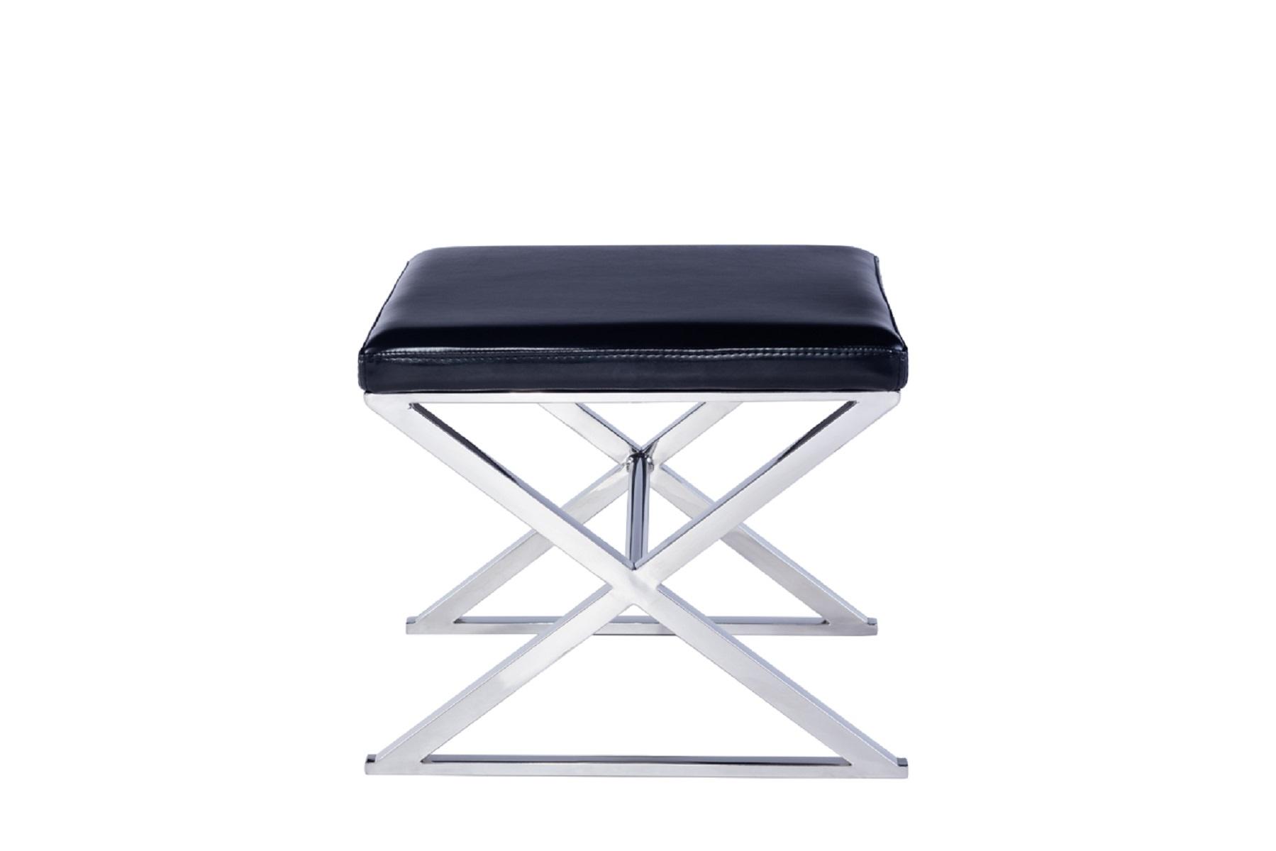 Pasargad Luxe Upholstered Bench - Black/Chrome, Faux Leather