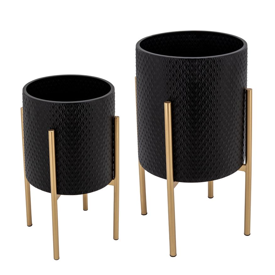 Sagebrook - Textured Planters On Metal Stand (Set Of 2)