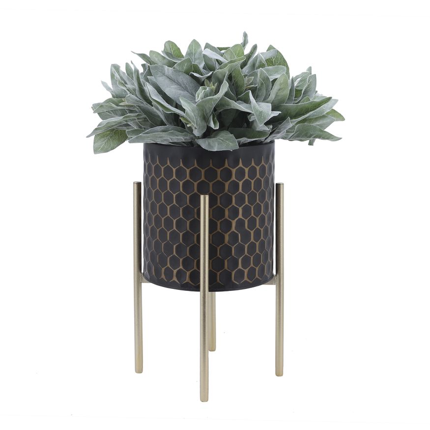 Sagebrook - 3D Honeycomb Planters On Metal Stand (Set Of 2) in Black/Gold