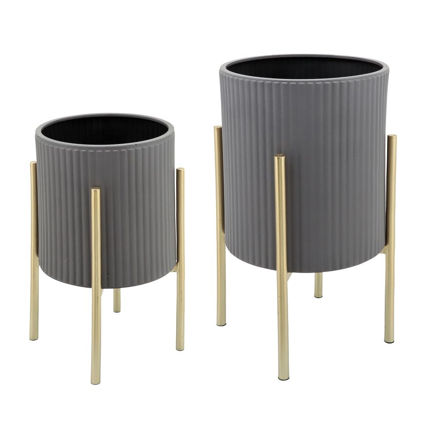Sagebrook - Aztec Planters On Metal Stand (Set Of 2)