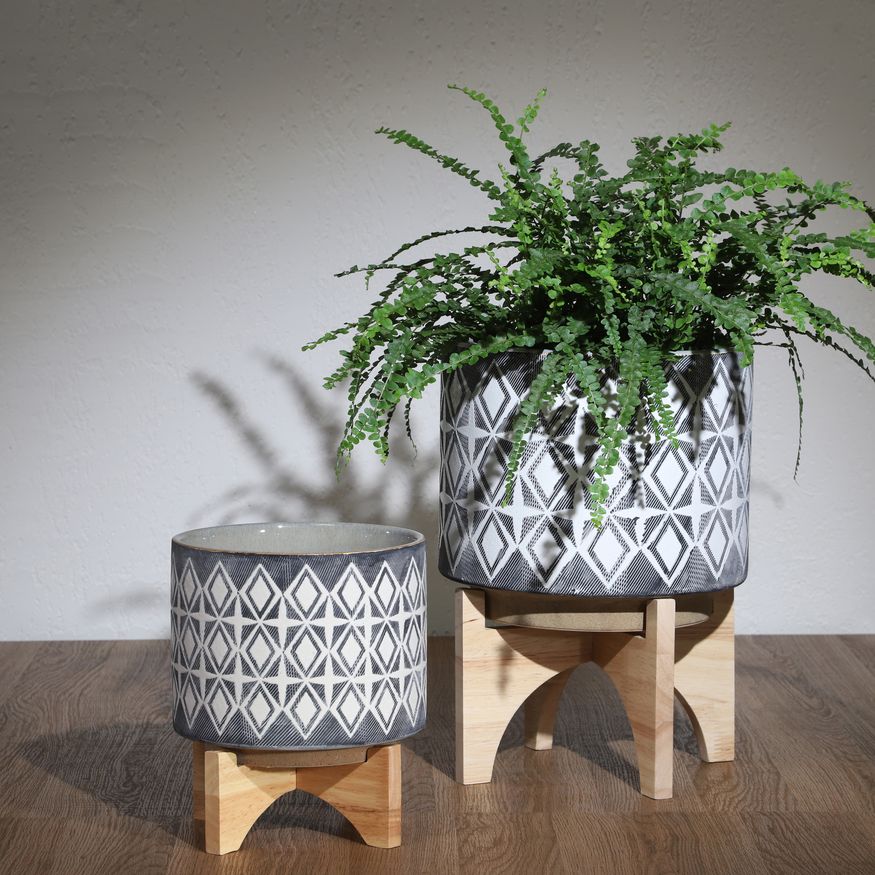 Sagebrook - Ceramic Planters On Stand (Set Of 2) in Gray