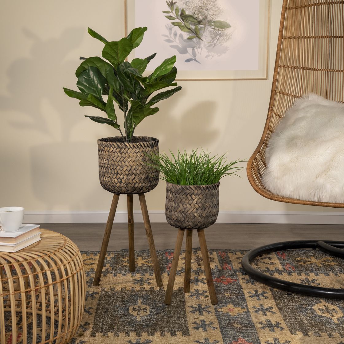 Sagebrook Bamboo Planters On Stands (Set Of 2) - Brown/Black