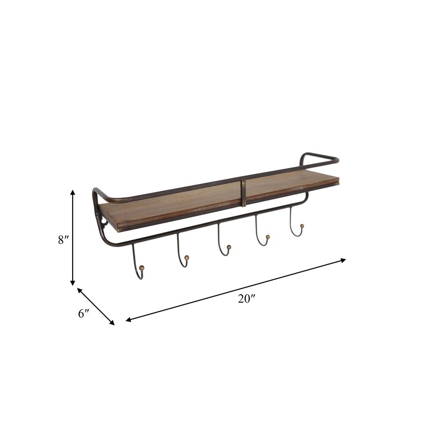 Sagebrook Metal/Wood 5 Hook Wall Shelf - Brown