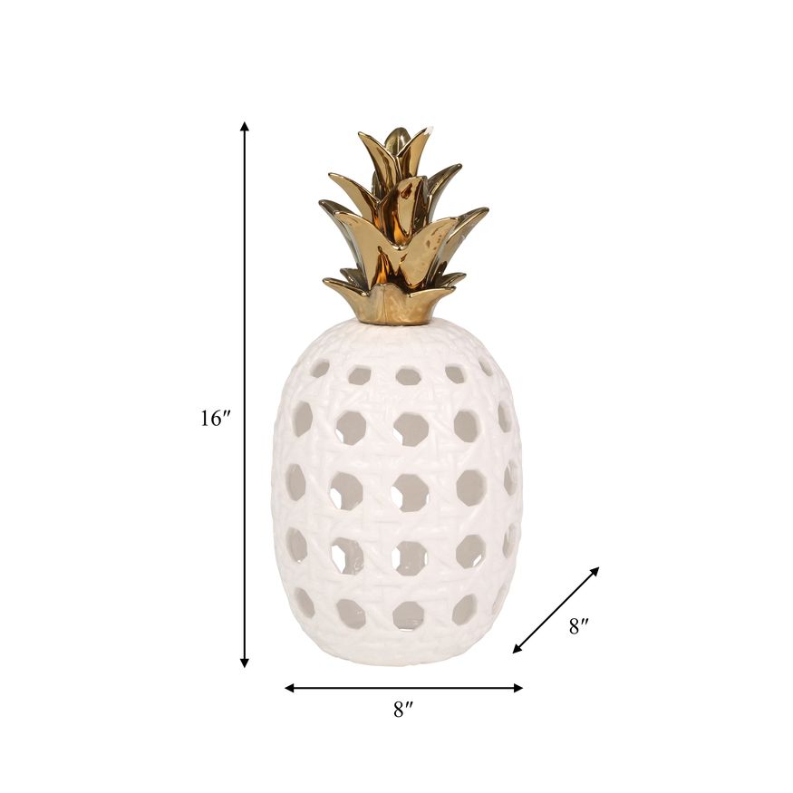 Sagebrook 16" Ceramic Lattice Weave Pineapple - White/Gold