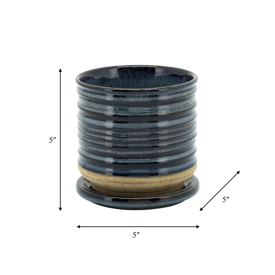 Sagebrook - 5" Ceramic Textured Planter With Saucer in Blue