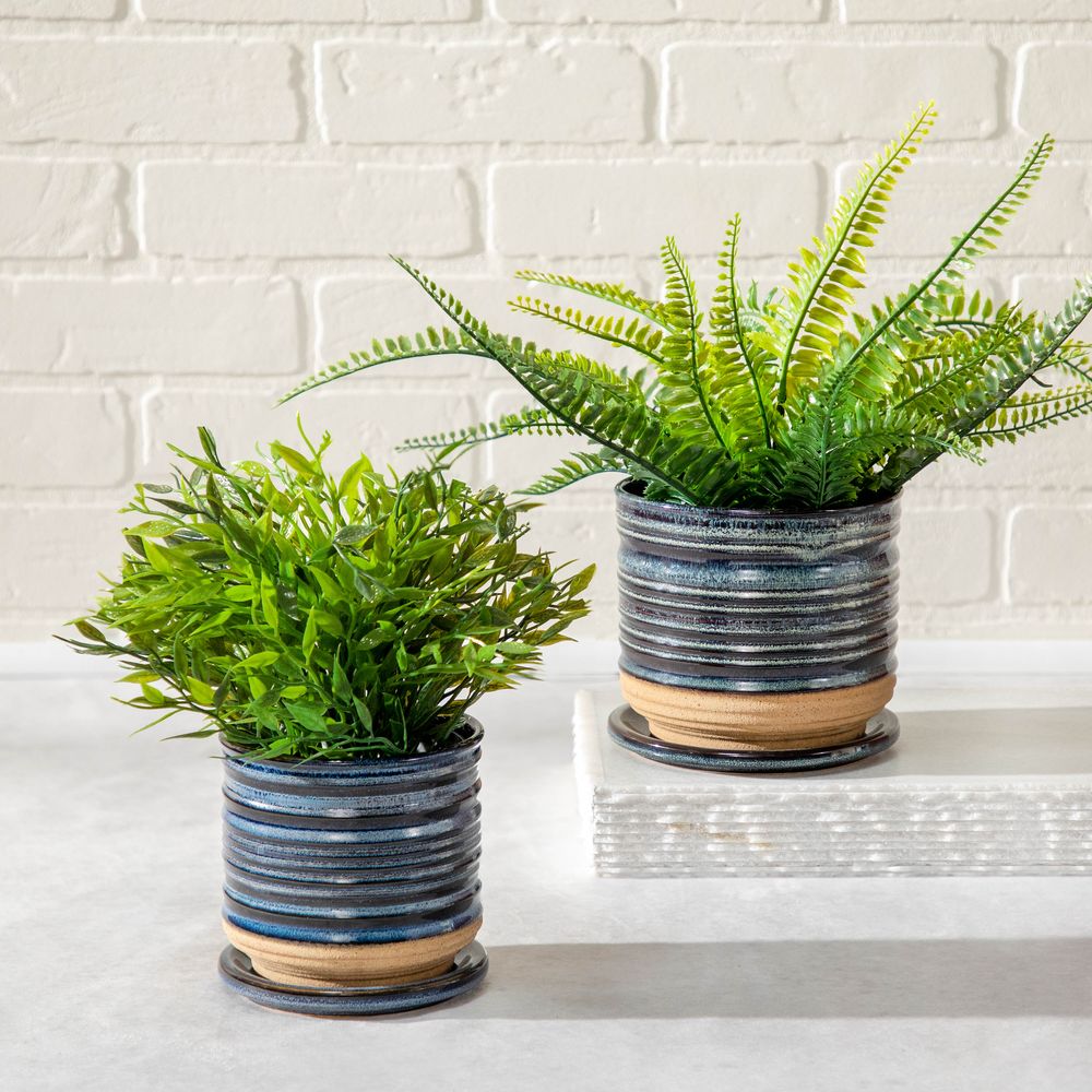 Sagebrook - 5" Ceramic Textured Planter With Saucer in Blue