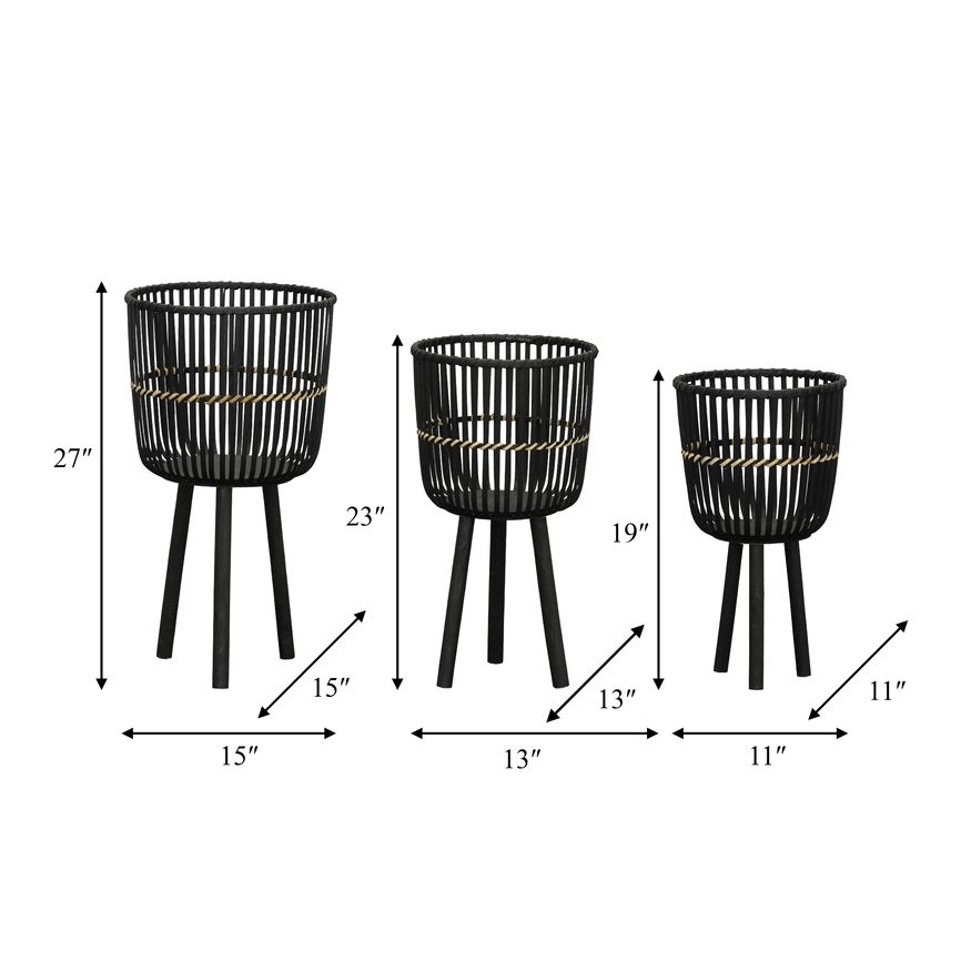 Sagebrook 11"/13"/15" Bamboo Footed Planters (Set Of 3) - Black