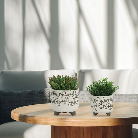 Sagebrook 6"/8" Ceramic Scribble Footed Planters (Set Of 2) - Beige