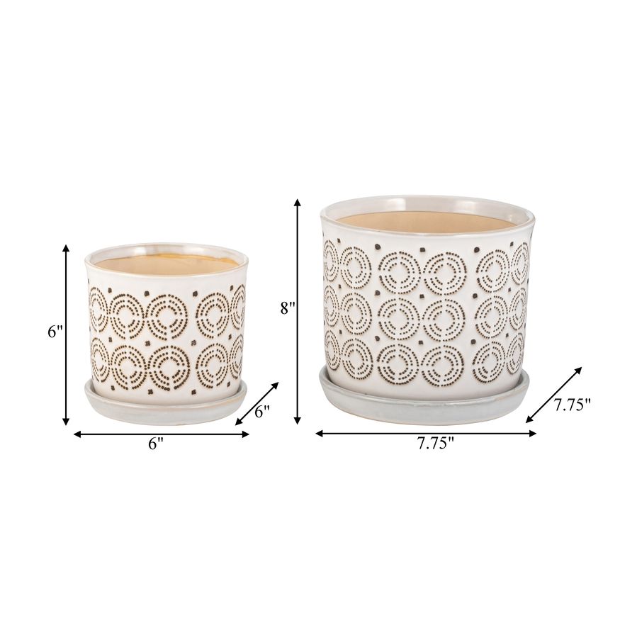 Sagebrook - 6"/8" Ceramic Circles Planters With Saucer (Set Of 2) in Beige