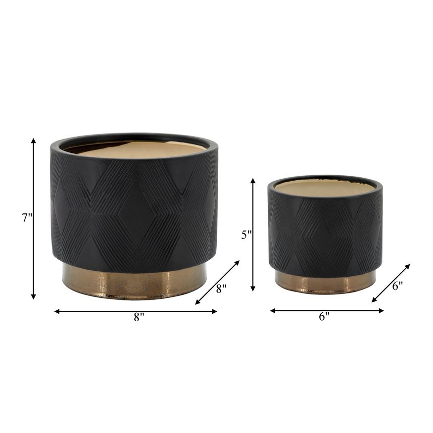 Sagebrook 6"/8" Diamond Metallic Planters (Set Of 2) - Black