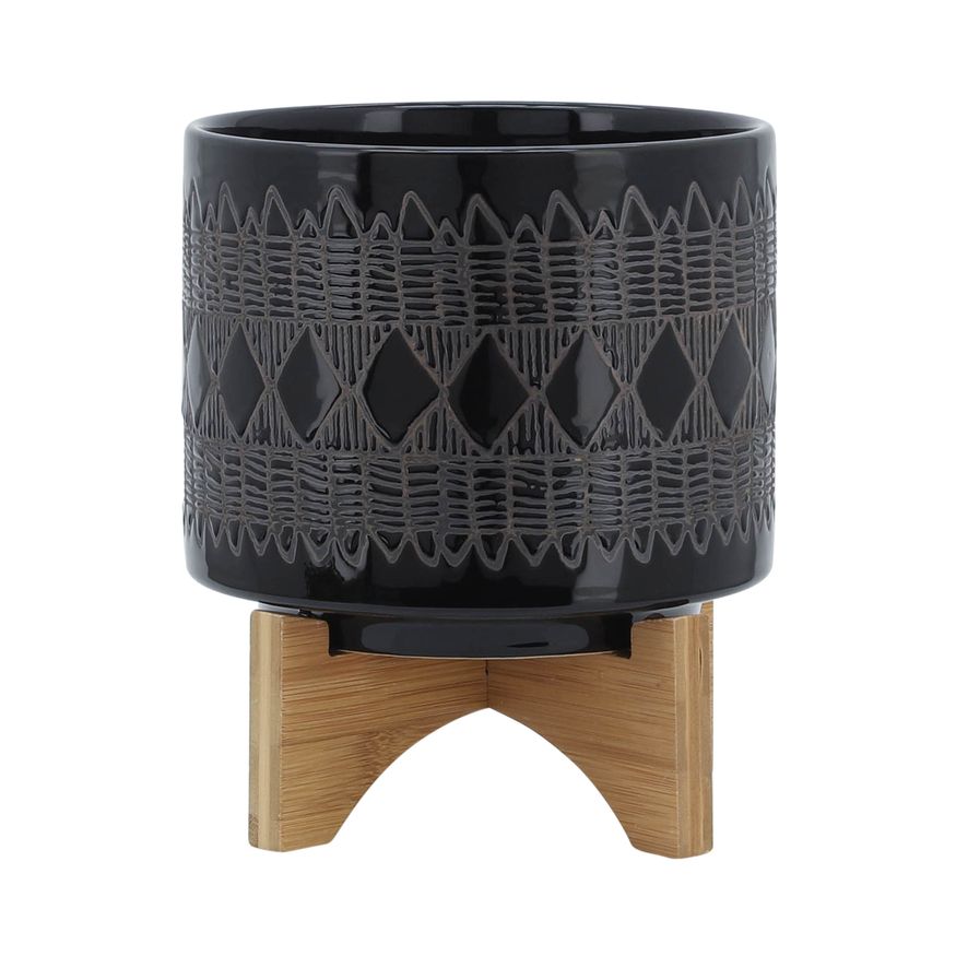 Sagebrook - 8" Ceramic Aztec Planter On Wooden Stand