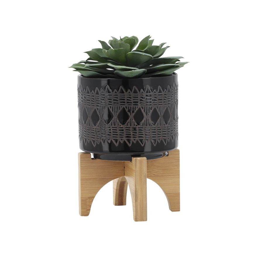 Sagebrook 5" Ceramic Aztec Planter On Wooden Stand - Black