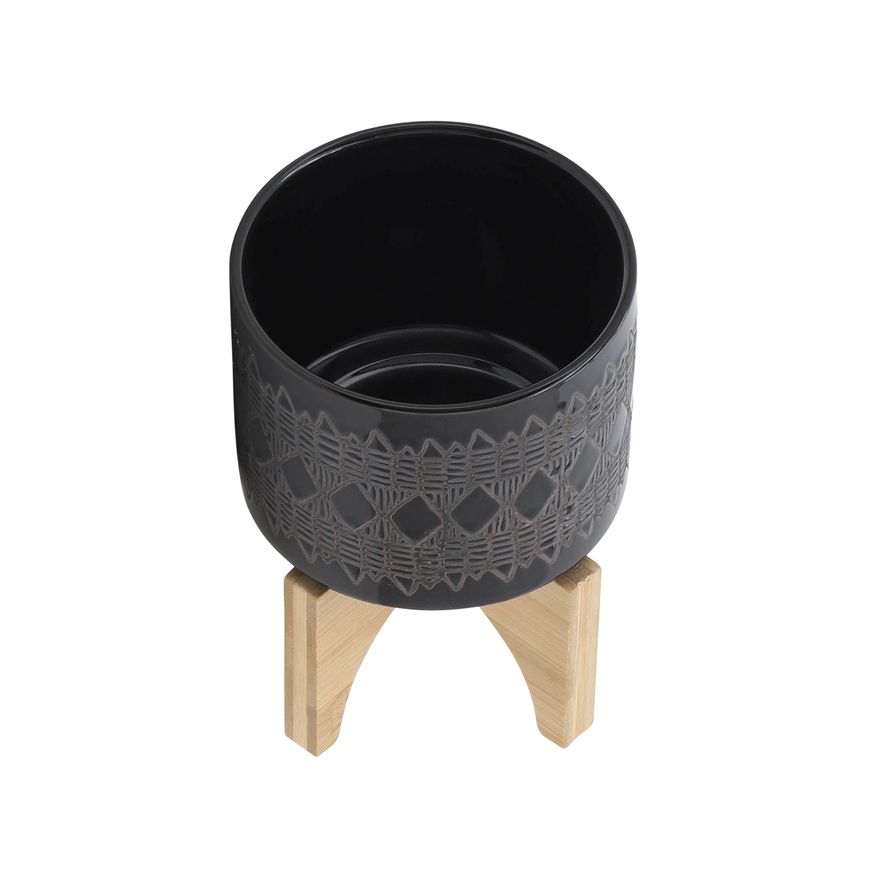 Sagebrook 5" Ceramic Aztec Planter On Wooden Stand - Black