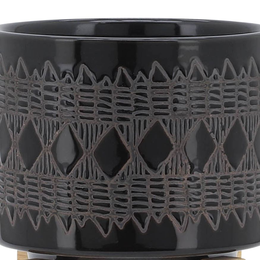 Sagebrook 5" Ceramic Aztec Planter On Wooden Stand - Black