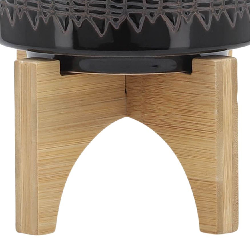 Sagebrook 5" Ceramic Aztec Planter On Wooden Stand - Black