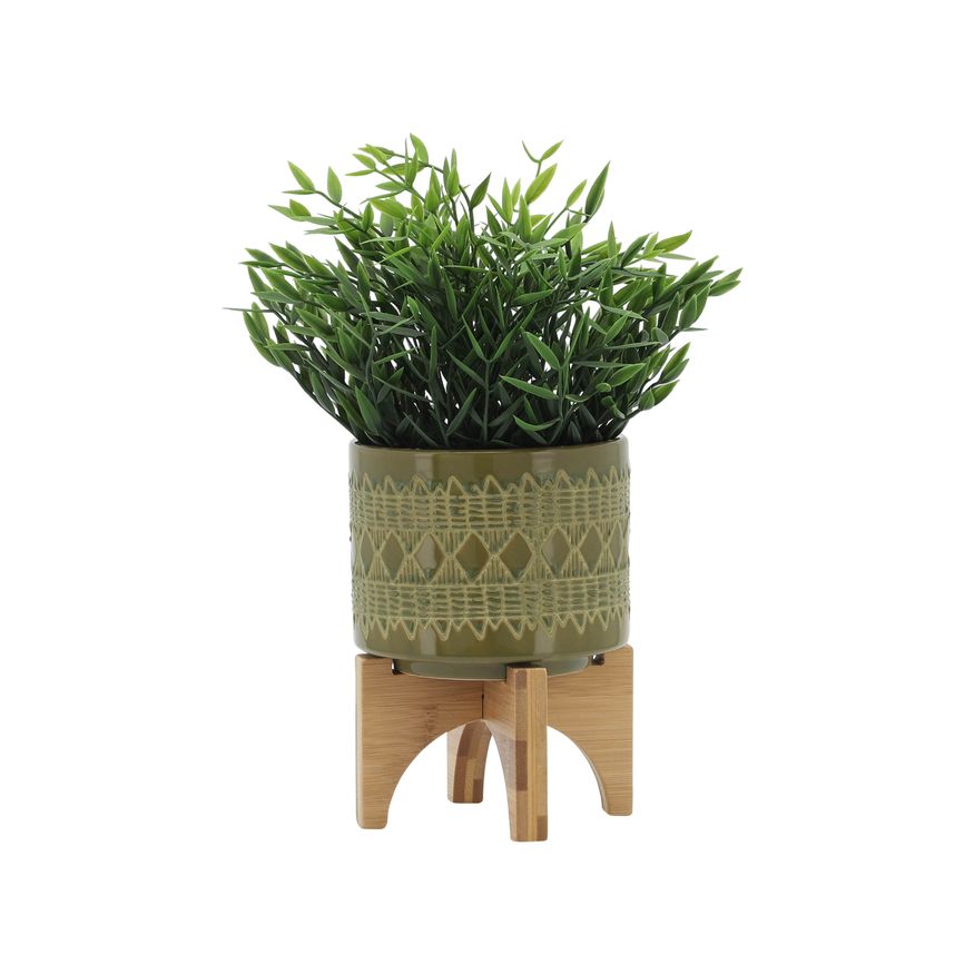 Sagebrook 5" Ceramic Aztec Planter On Wooden Stand - Olive