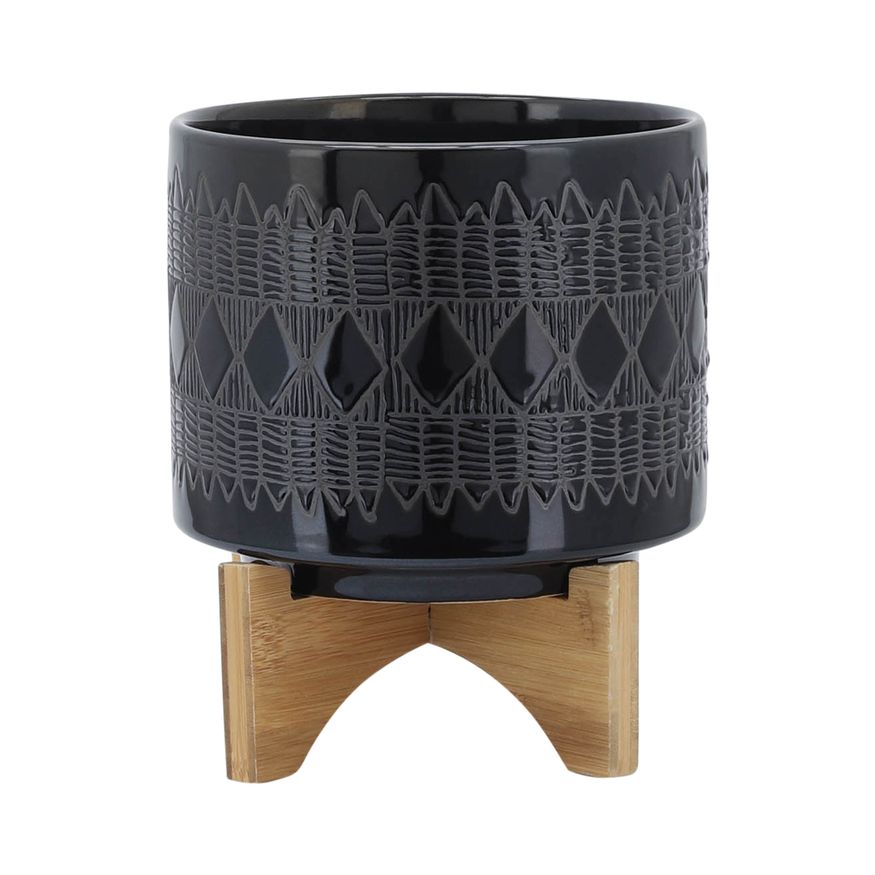 Sagebrook - 8"/10" Ceramic Aztec Planters On Wooden Stand (Set Of 2)