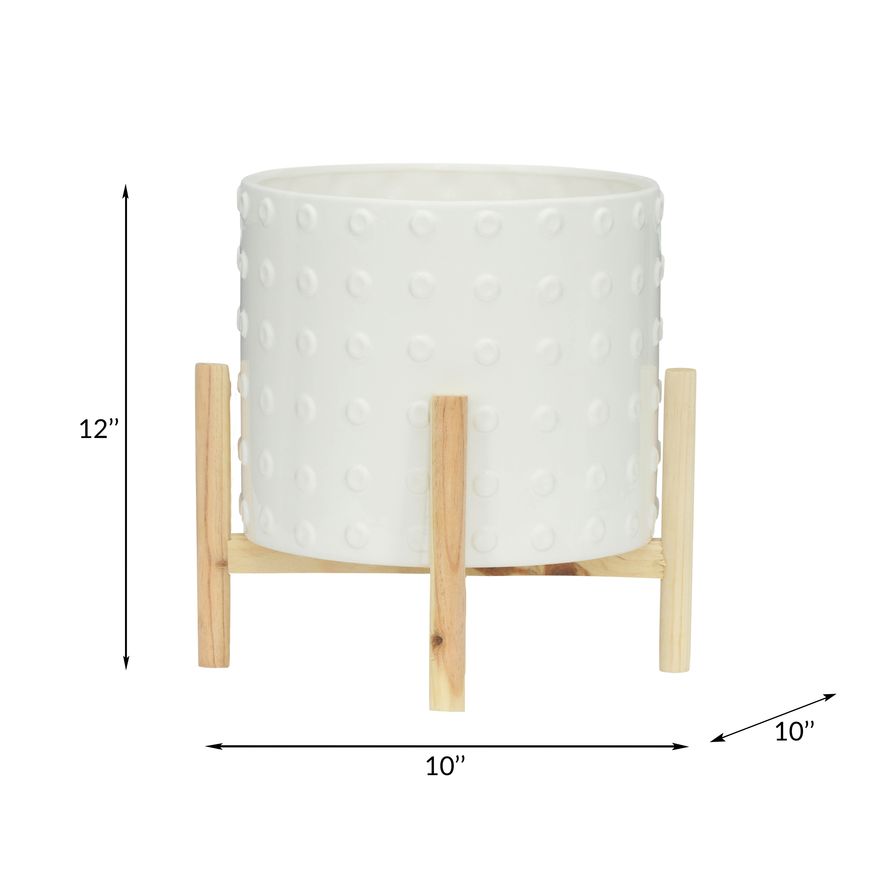 Sagebrook 12" Ceramic Dotted Planter With Wood Stand - White