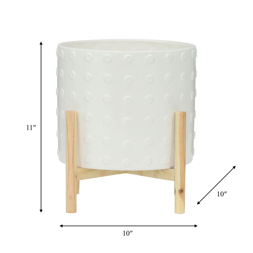 Sagebrook 12" Ceramic Dotted Planter With Wood Stand - White