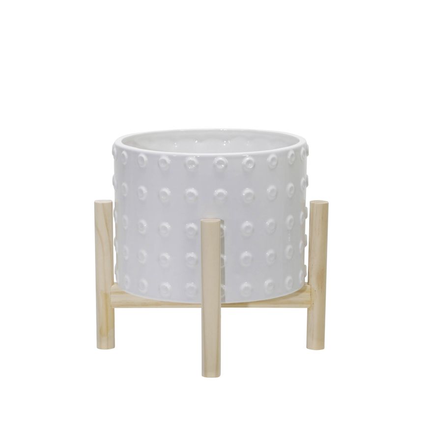 Sagebrook 8" Ceramic Dotted Planter With Wood Stand - White