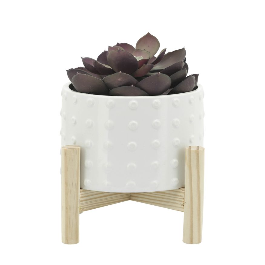 Sagebrook 6" Ceramic Dotted Planter With Wood Stand - White