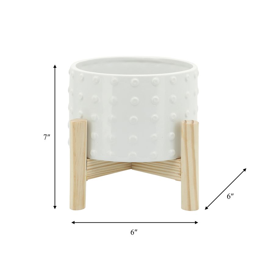 Sagebrook 6" Ceramic Dotted Planter With Wood Stand - White