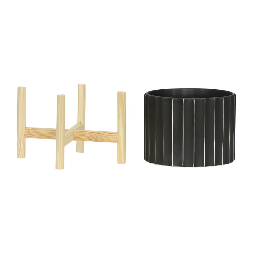 Sagebrook 12" Ceramic Fluted Planter With Wood Stand - Black
