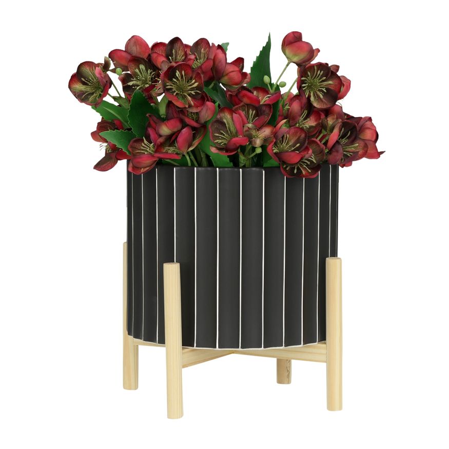 Sagebrook 12" Ceramic Fluted Planter With Wood Stand - Black