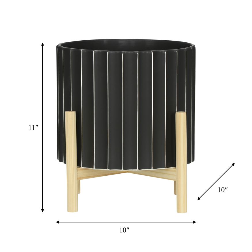Sagebrook 12" Ceramic Fluted Planter With Wood Stand - Black