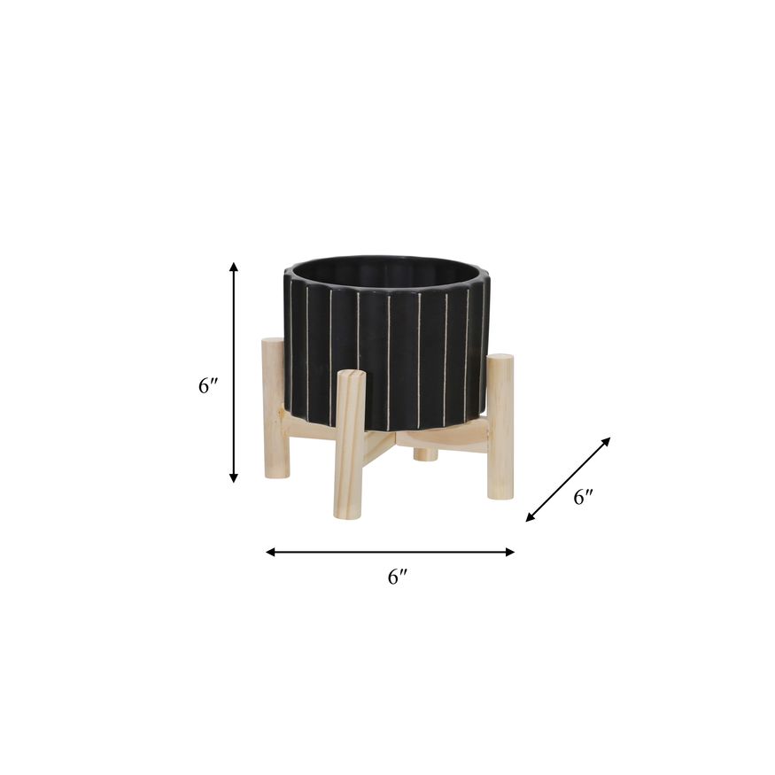 Sagebrook 6" Ceramic Fluted Planter With Wood Stand - Black