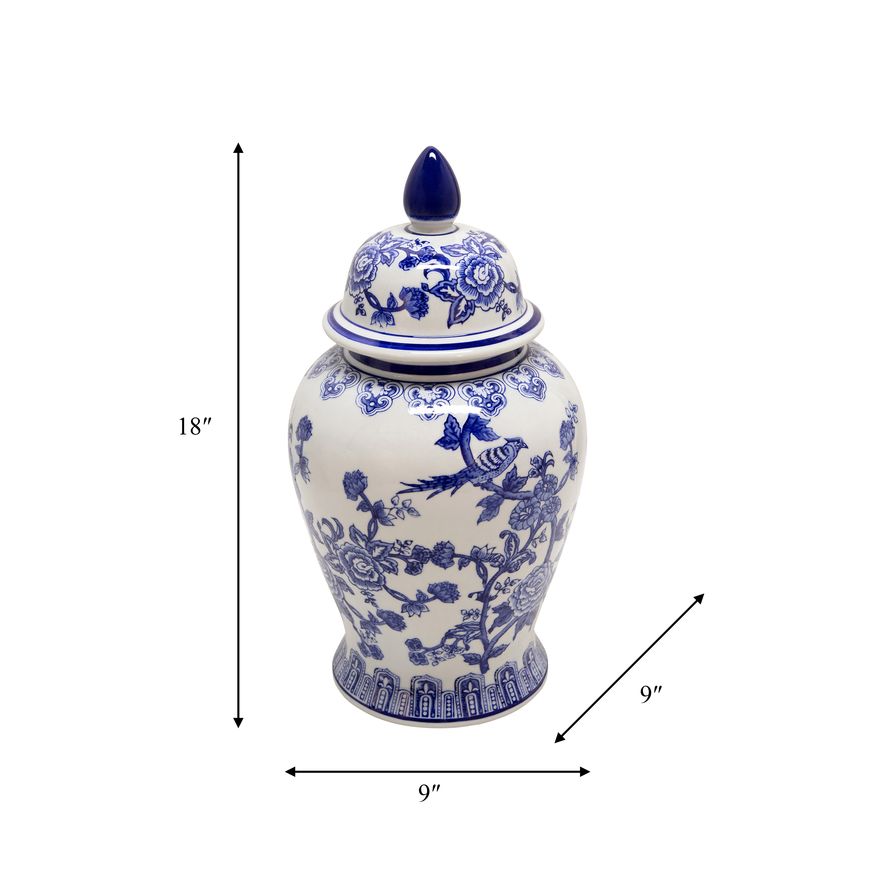 Sagebrook 18" Ceramic Temple Jar Bird/Flower - Blue
